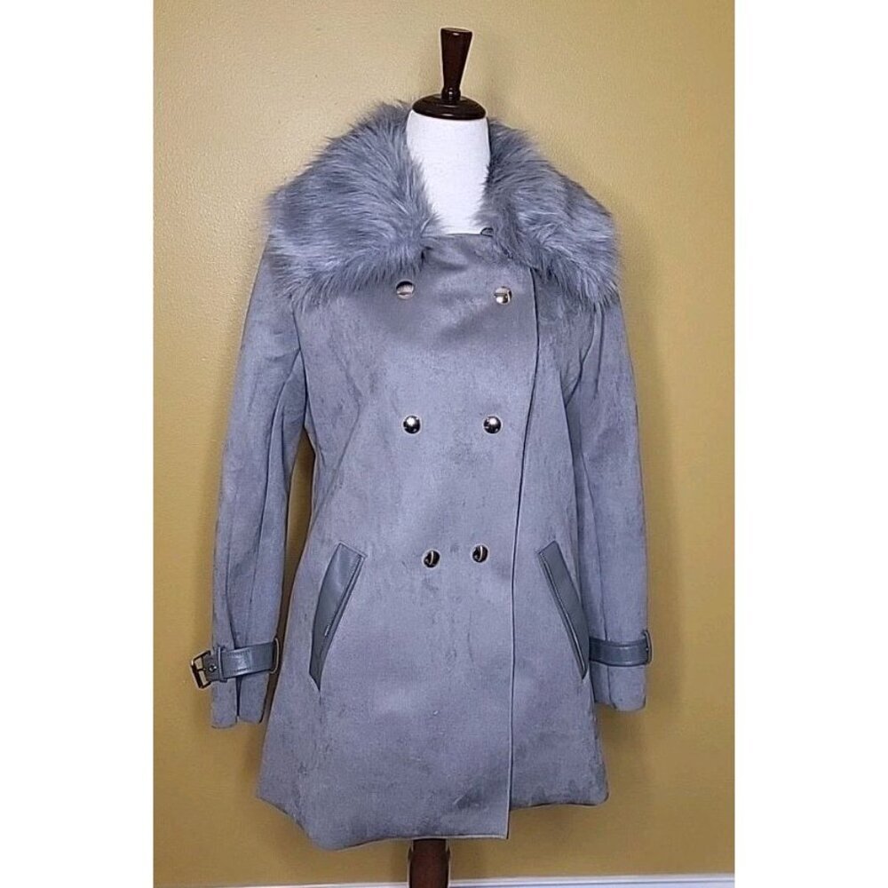 Fate By LFD Womens Grey‎ Coat Removable Faux Fur Collar Suede Like Outer Gold